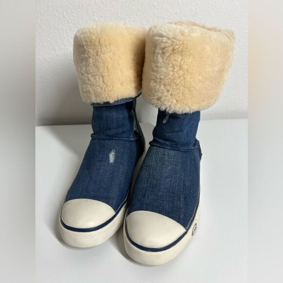 SUPER RARE UGG AUSTRALIA DELAINE DISTRESSED DENIM  SHEARLING FUR BOOT Size 6 - Picture 5 of 12